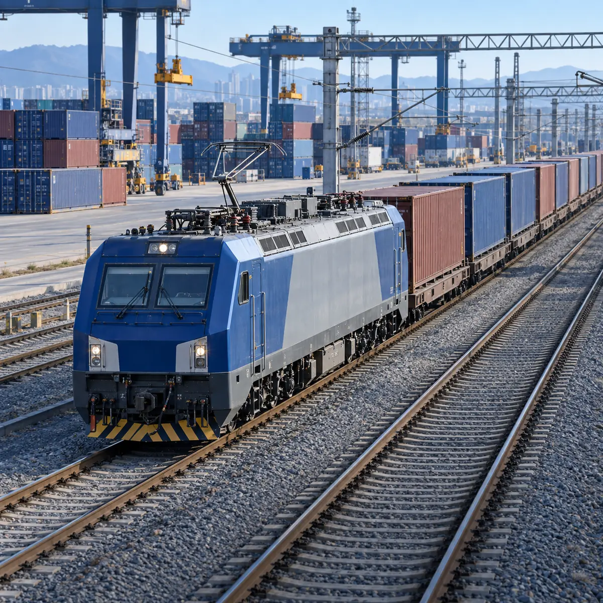 Container freight train departing a Chinese rail terminal for Europe