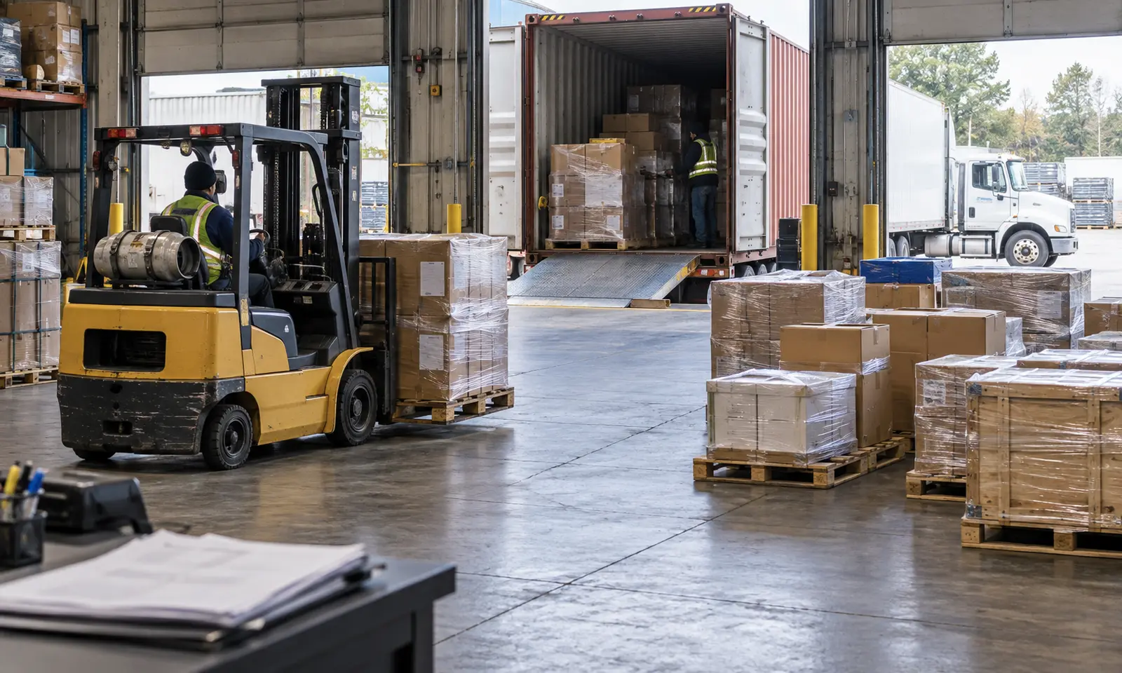 LCL cartons being unloaded and staged for pickup at a U.S. destination CFS