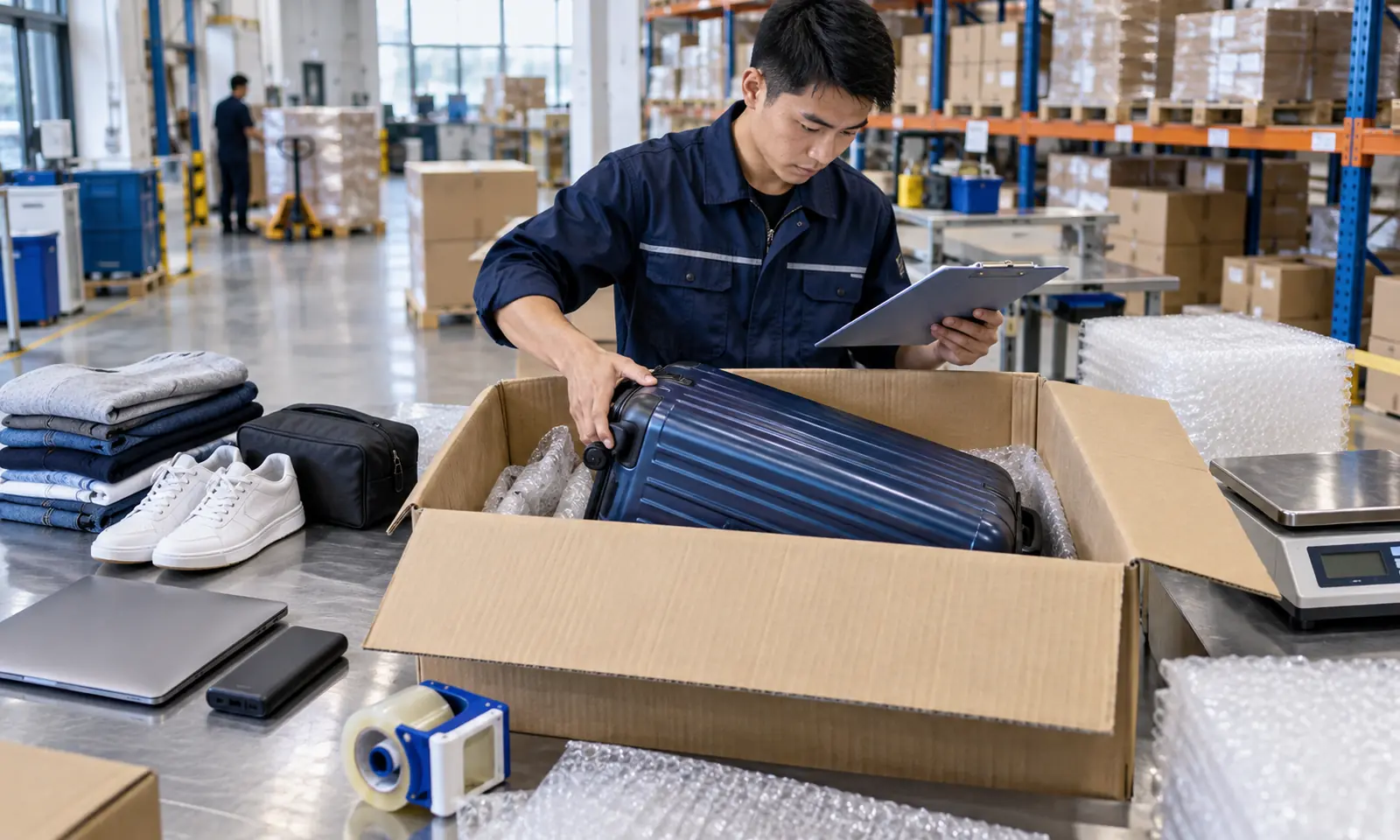 VoltFreight worker packing a suitcase in a protective carton before international shipping from China