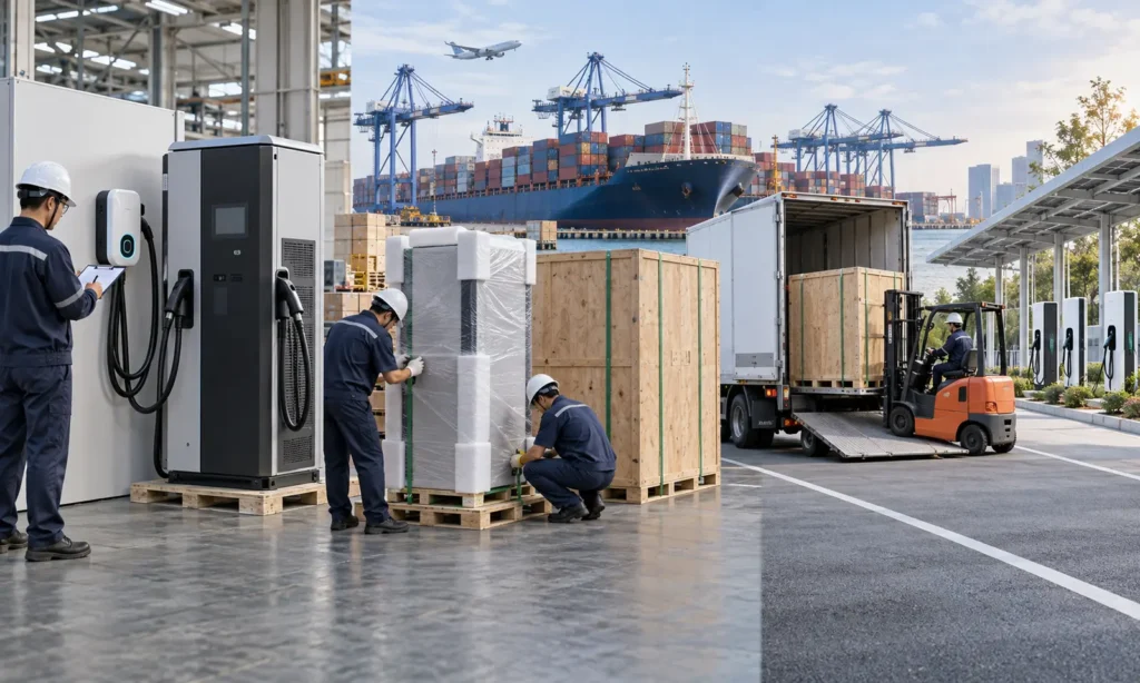 EV charger shipping process from factory inspection to site delivery