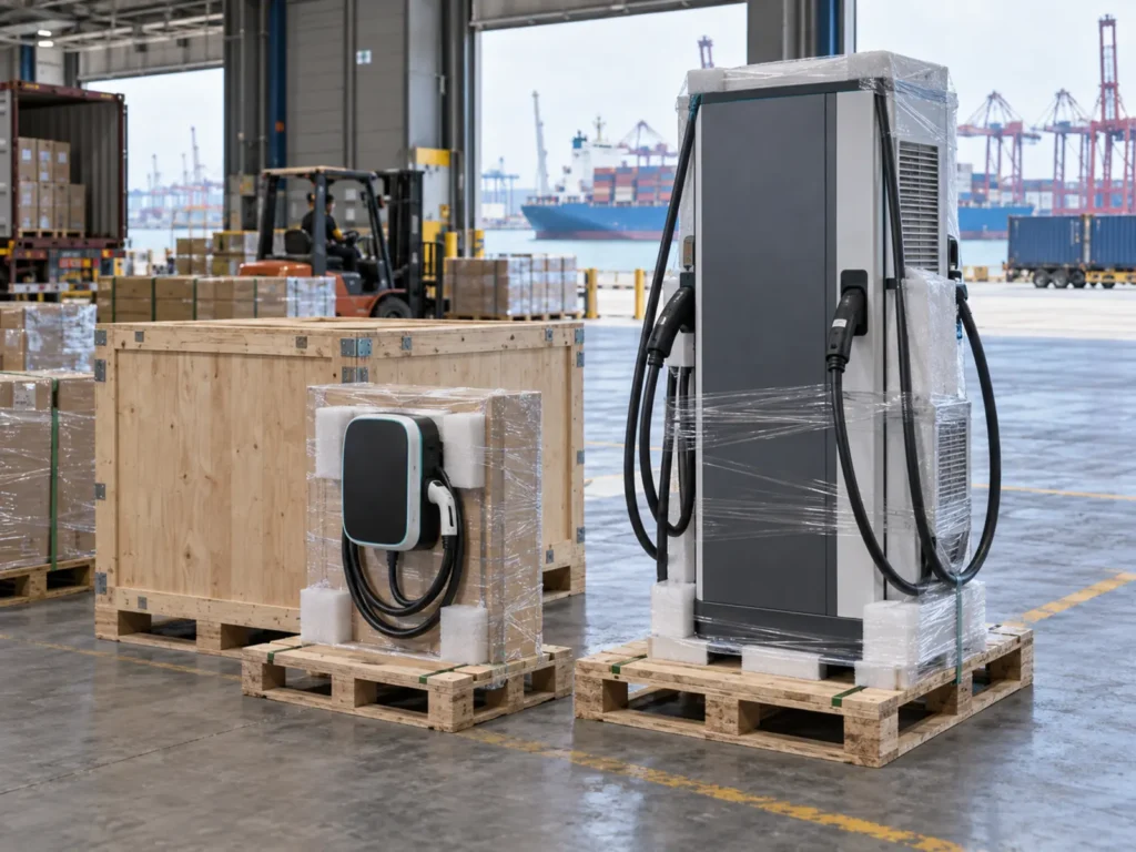 EV chargers packed for international shipping from China